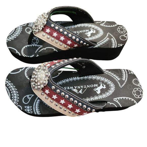 Montana West II Studded & Rhinestones American Flag Wedge Slip On Sandals Size 8 - Picture 2 of 7
